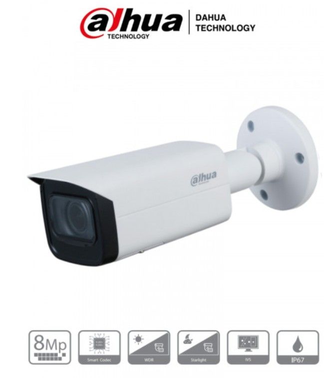 Cámara Dahua IP Bala 8MP 3.7-11mm Motor IR60 PoE IP67 Soporta Micro SD.