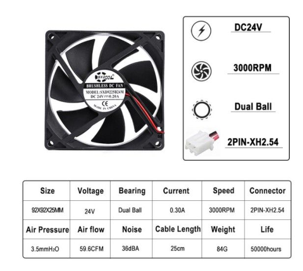 Ventilador 24V 0.4 A, 2 Pin 90x90x25mm. Dual ball. Soldadoras y otros