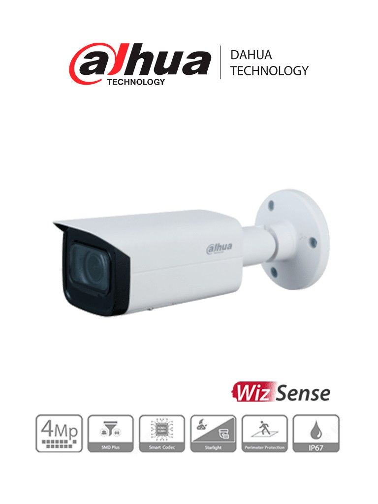 Cámara Dahua IP bullet WizSense 4MP 2.7-13.5mm IR60 PoE IP67 Soporta MicroSD.