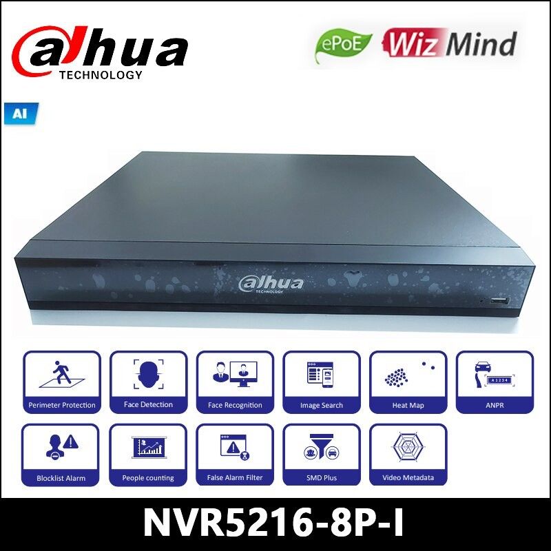 NVR 16CH 4K 320mbps 2 DD + 8 PoE DAHUA Reconocimiento facial Proteccion perimetro